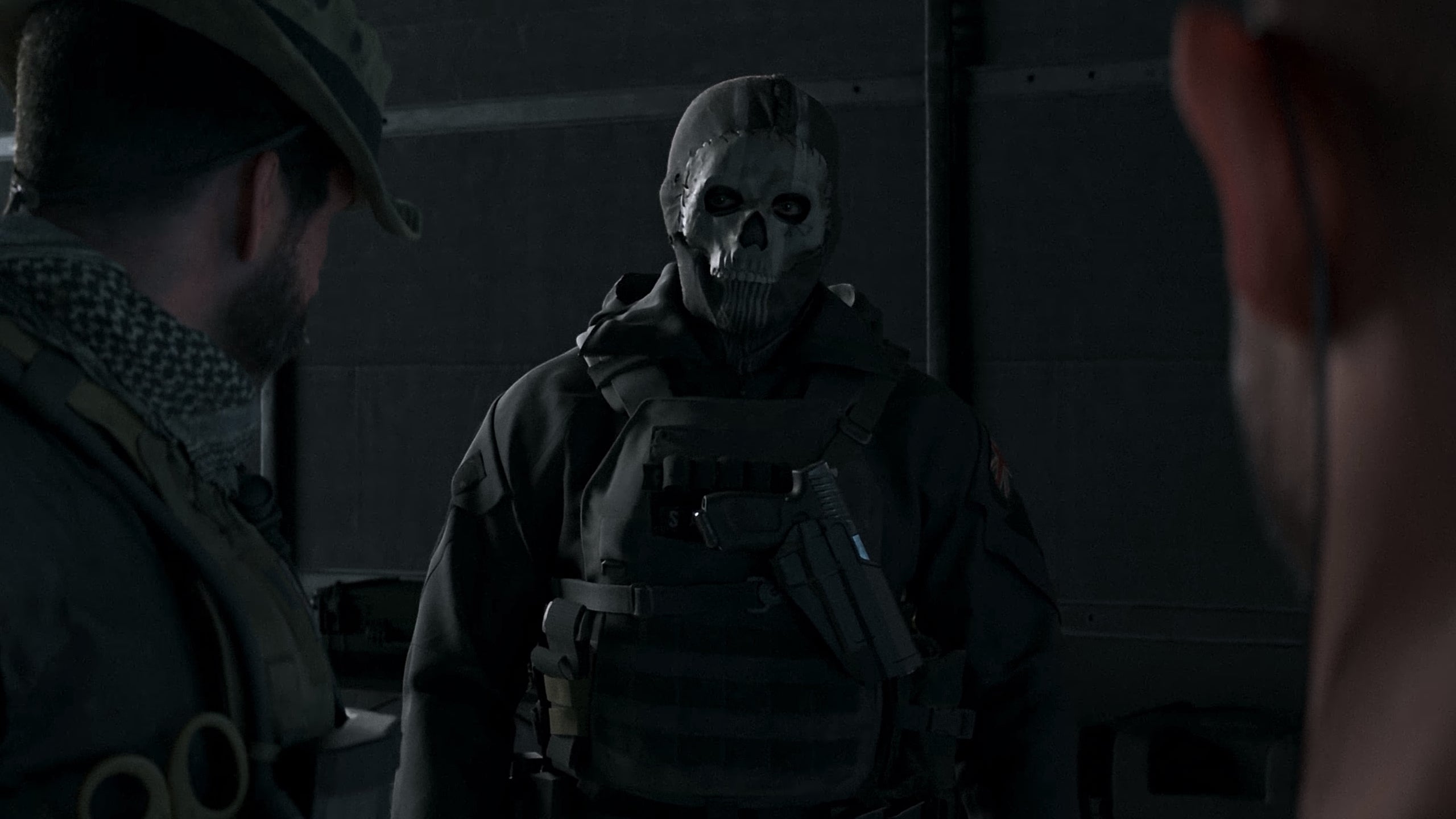 Ghost stands in front of Price and Soap in the Modern Warfare 3 campaign.
