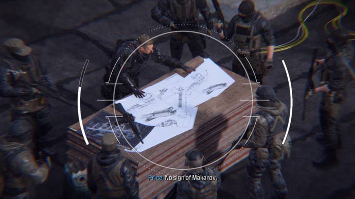 Enemies assess plans under the watch of a scope in MW3.