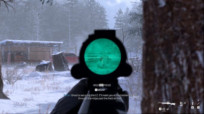 Aiming a thermal sight at an enemy in snowy conditions in MW3.