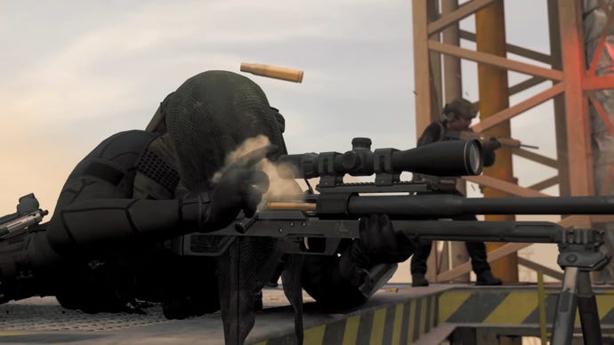 A sniper lies atop a platform in Modern Warfare 3.