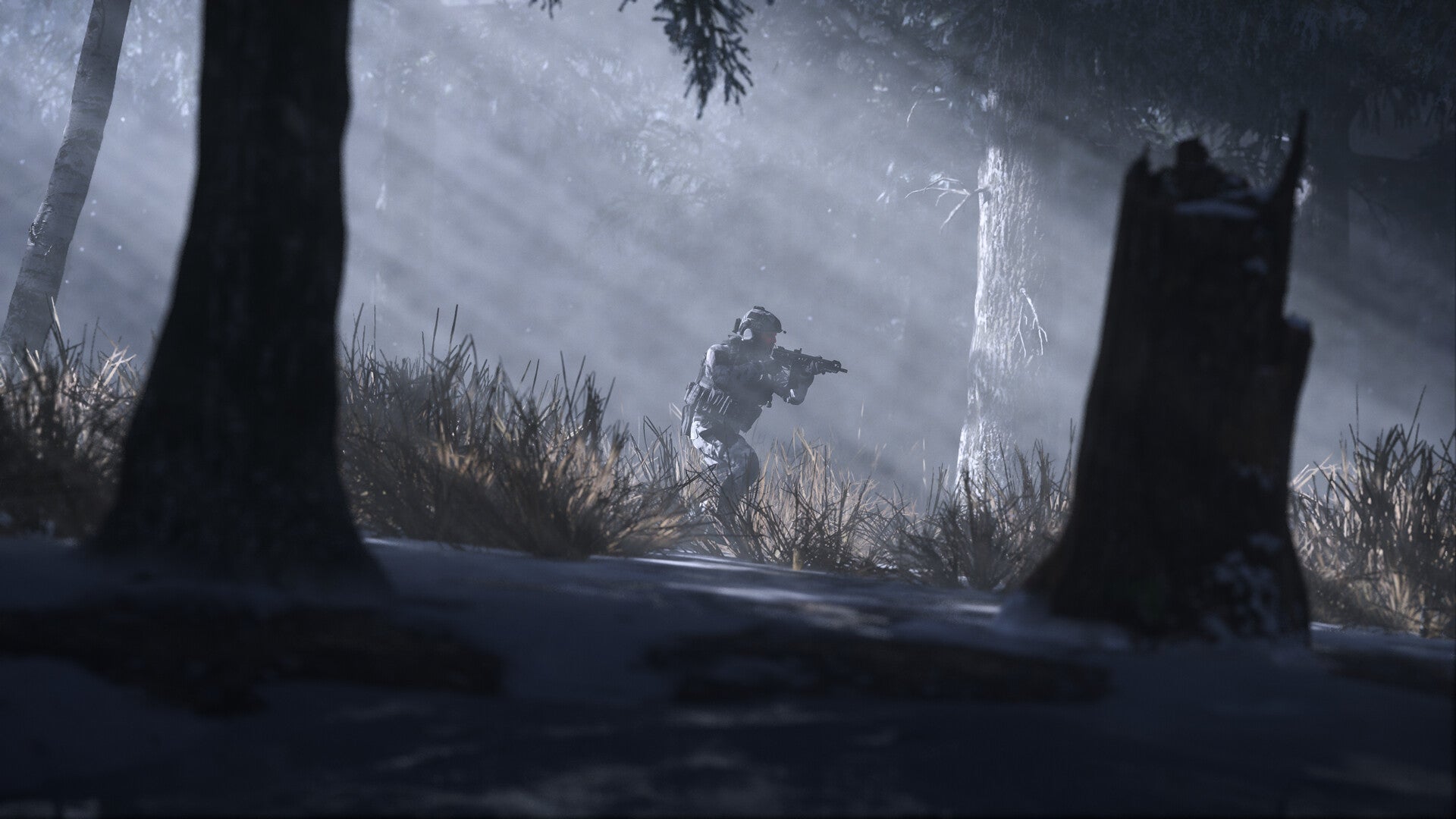 A character can be seen walking through the forest with a gun in MW3 - 1