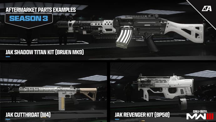 A selection of Aftermarket Parts added in MW3 and Warzone Season 3.