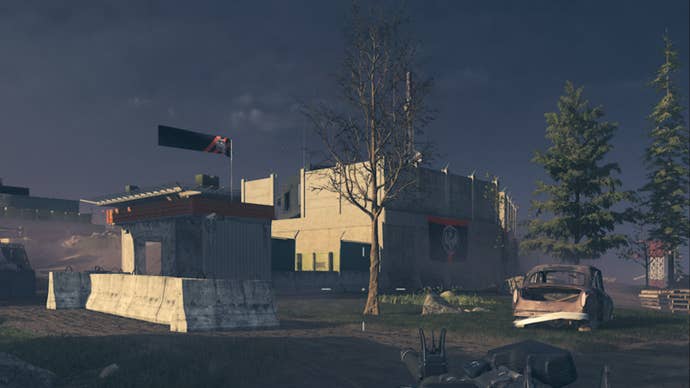 mw3 zombies the outside of legacy’s fortress, a heavily fortified building with mercenary flags decorating it.