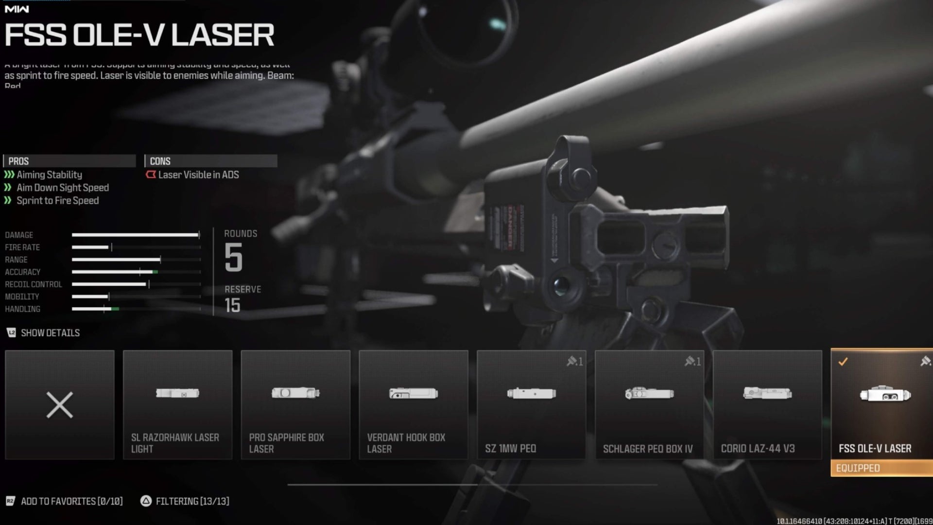 Laser menu in MW3 showing the FSS OLE-V Laser attached to a KATT AMR.