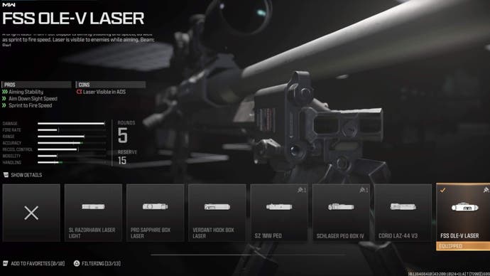 Laser menu in MW3 showing the FSS OLE-V Laser attached to a KATT AMR.