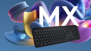 logitech mx keys s keyboard in front of a swoopy graphic