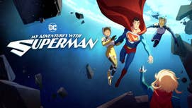 Key art for My Adventures with Superman season 2 showing the titular hero with Lois Lane and Jimmy Olsen, both in space suits floating above earth, with Superman reaching out to Supergirl.