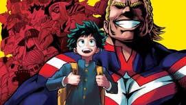 Cover art for volume one of My Hero Academia showing Izuku Midoriya, a teen boy with fluffy black and green hair, walking and smiling in his school uniform, All Might, a buff looking superhero, and many other superheroes behind him.