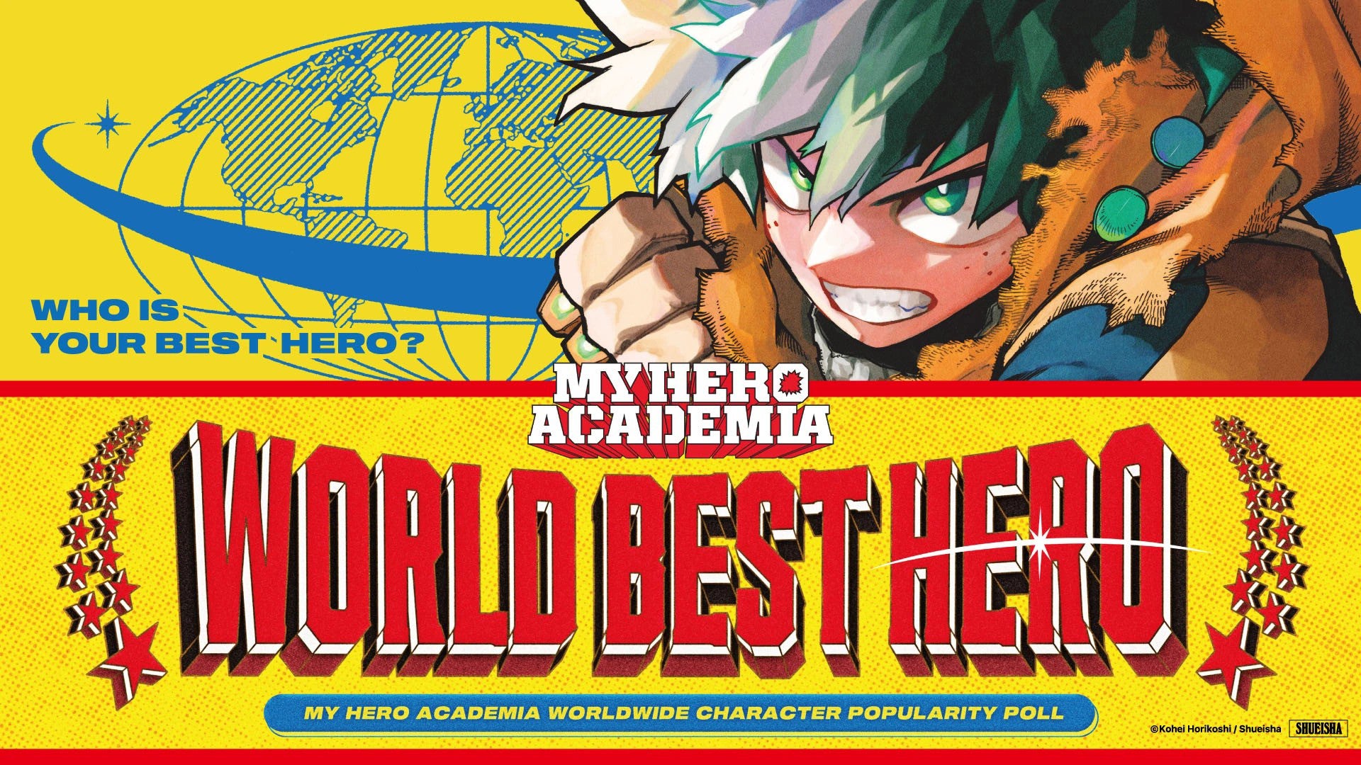 2D art of Izuku Midoriya from My Hero Academia with a serious expression. Text reads "Who is your best hero?" Followed by the series' logo and "World Best Hero, My Hero Academia worldwide character popularity poll."