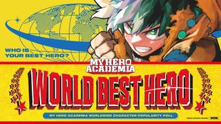 2D art of Izuku Midoriya from My Hero Academia with a serious expression. Text reads "Who is your best hero?" Followed by the series' logo and "World Best Hero, My Hero Academia worldwide character popularity poll."