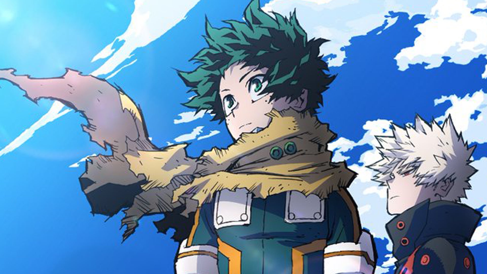 My Hero Academia key art showing Izuku Midorya and Katsuki Bakugo looking serious in front of a bright blue sky. - 4