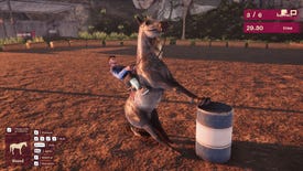 A bug in My Horse: Bonded Spirits where a horse got stuck on a barrel and is doing a Roach from The Witcher