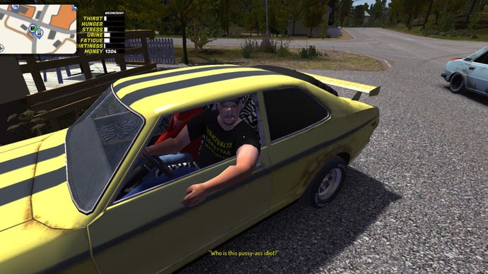 A man in a speedy car swears at the player.