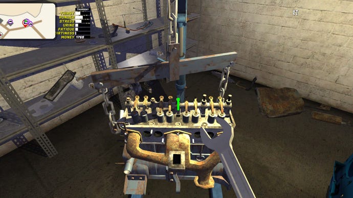 The player adjusts screws in the engine of a car.