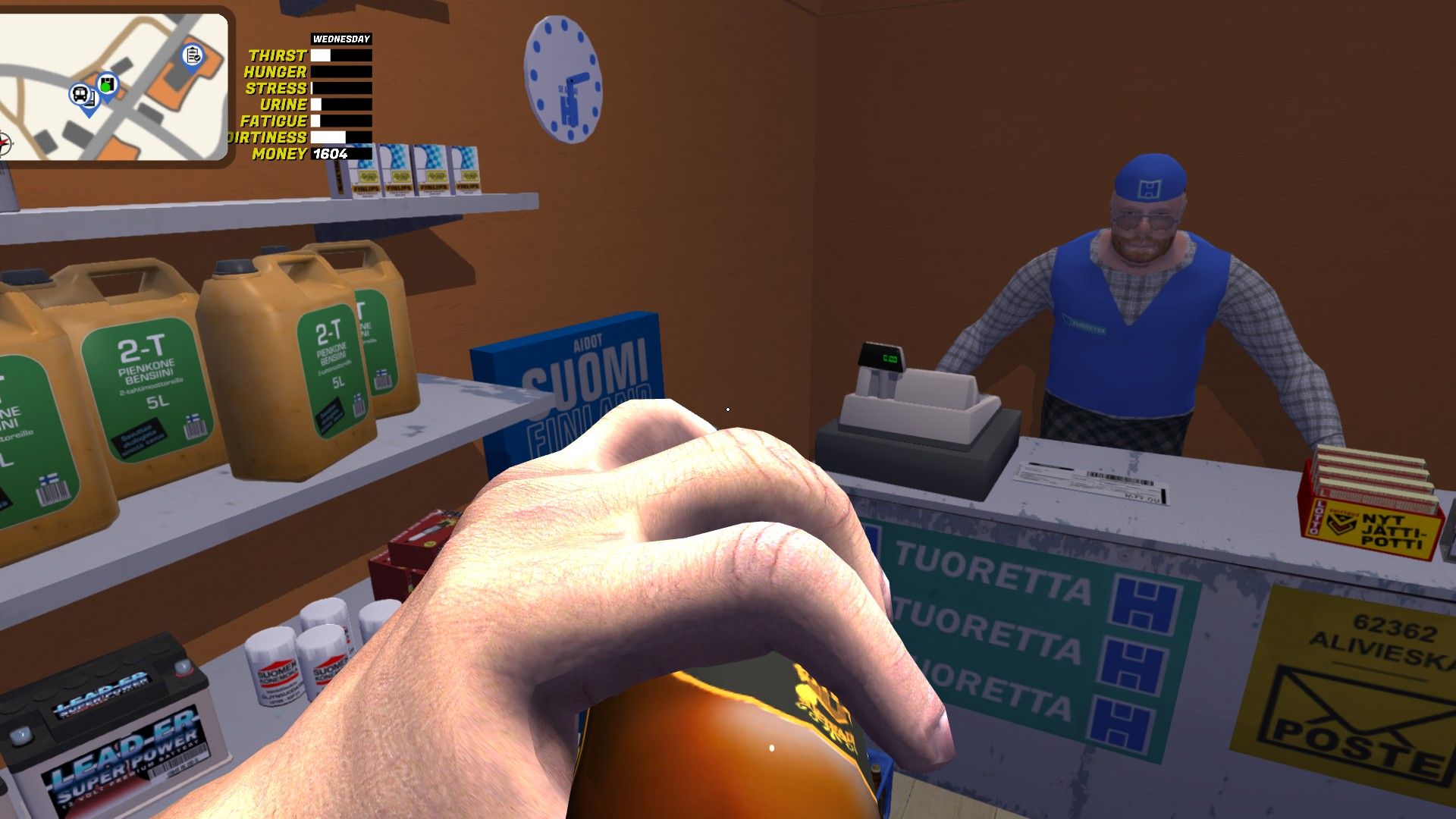 The player drinks a beer while looking at the store owner and some goods on a shelf. - 16