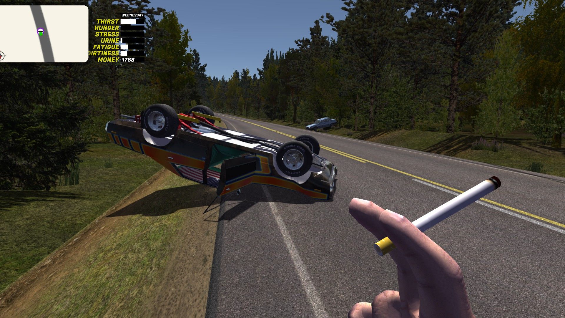 The player smokes a cigarette while looking at a rental car that lies upside down on the motorway. - 1