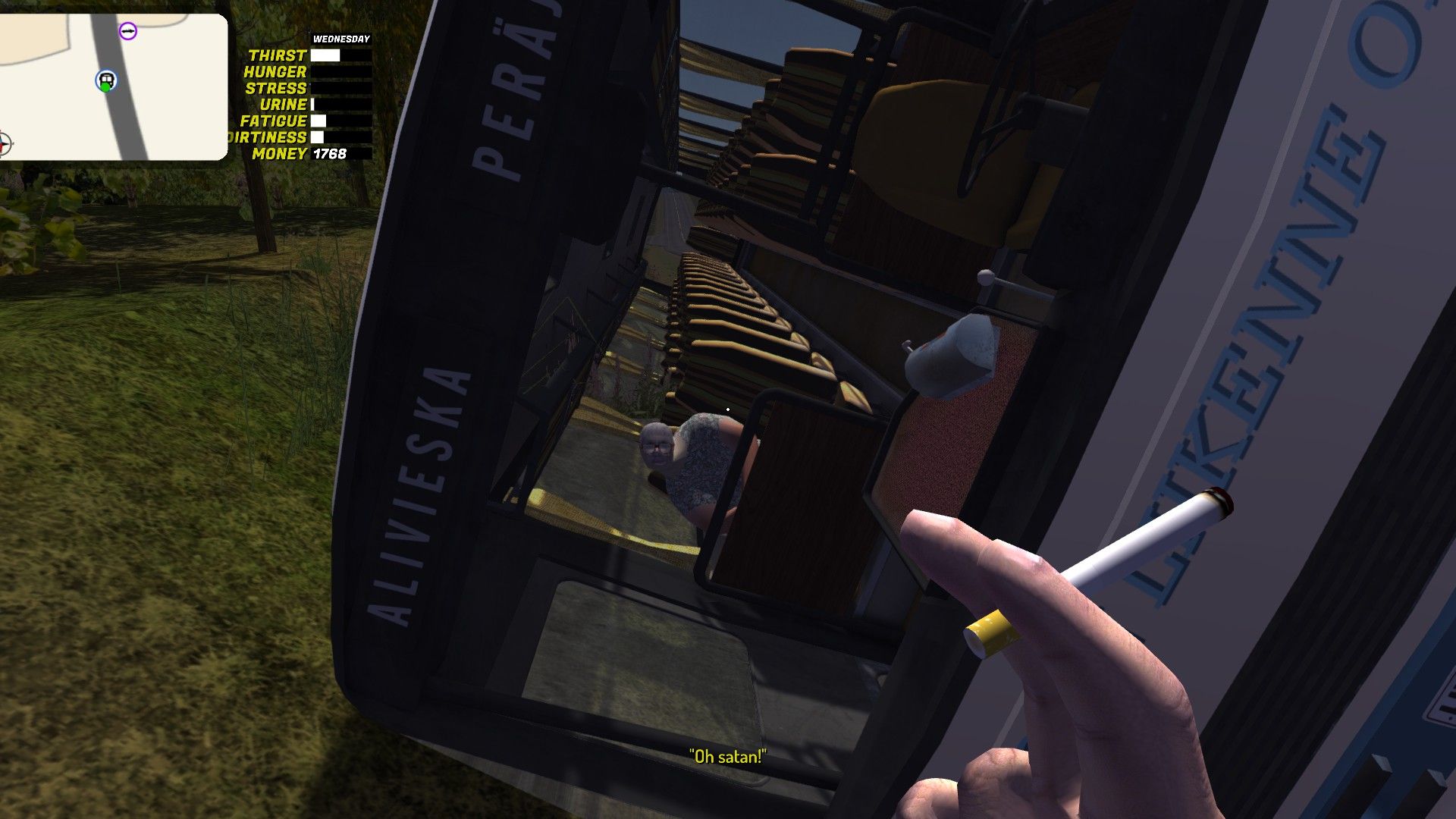 The player smokes while looking at an old woman in a crashed bus whose neck is bent in a weird way. - 17