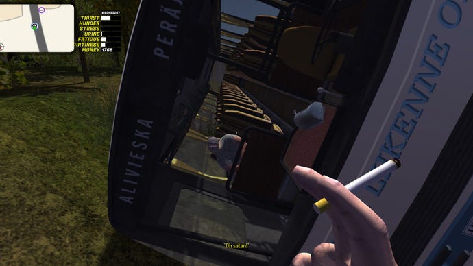 The player smokes while looking at an old woman in a crashed bus whose neck is bent in a weird way.