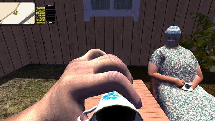 The player drinks coffee while sitting with his grandmother.