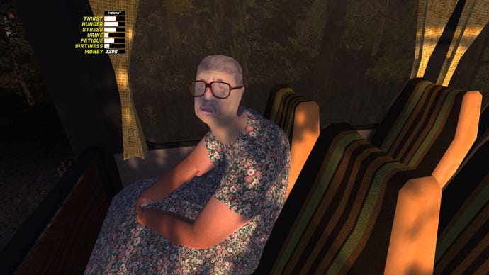 The old lady on the bus has the same face as many other characters.