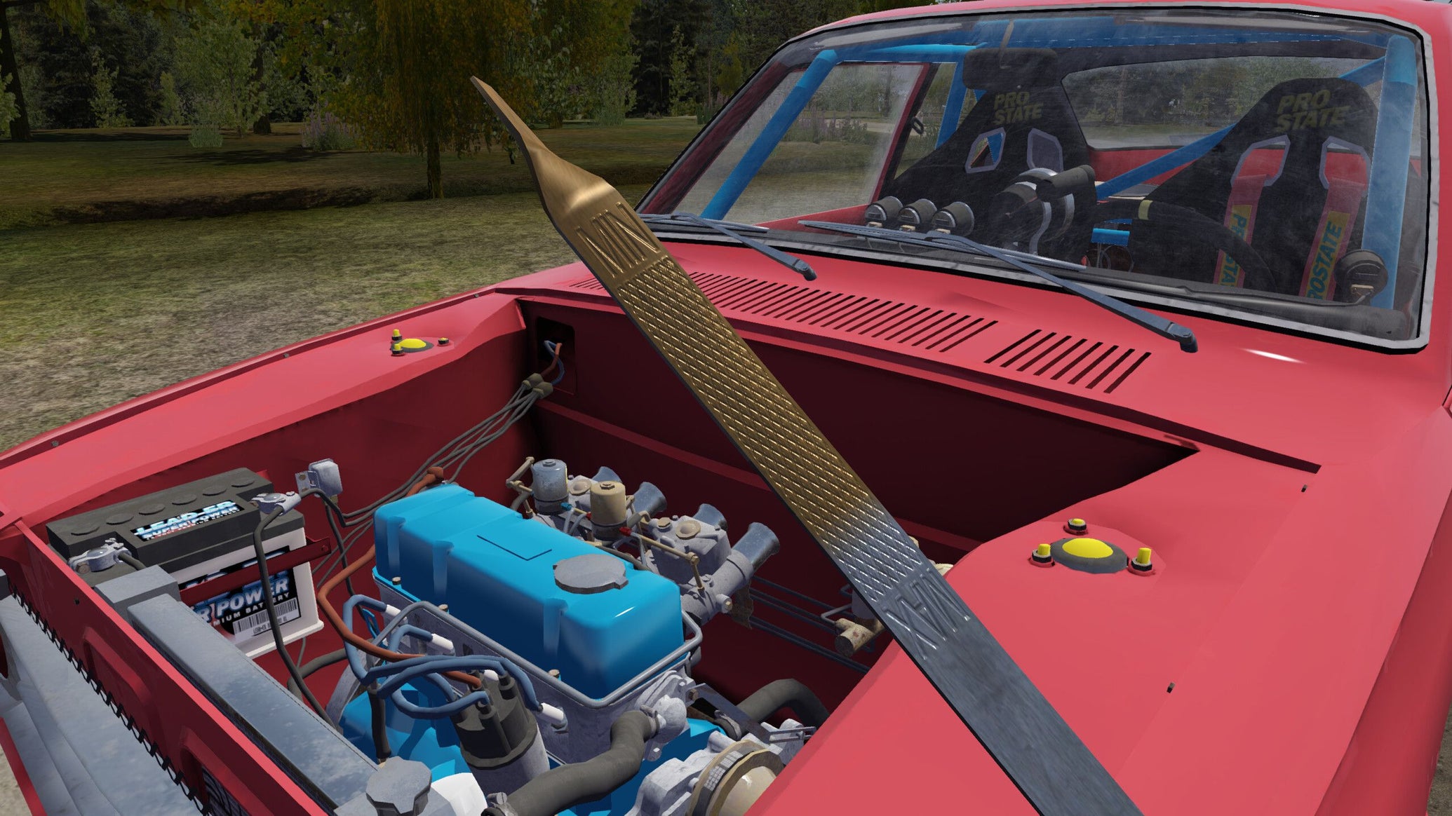 The player holds a tool while looking into a red car's engine. - 1