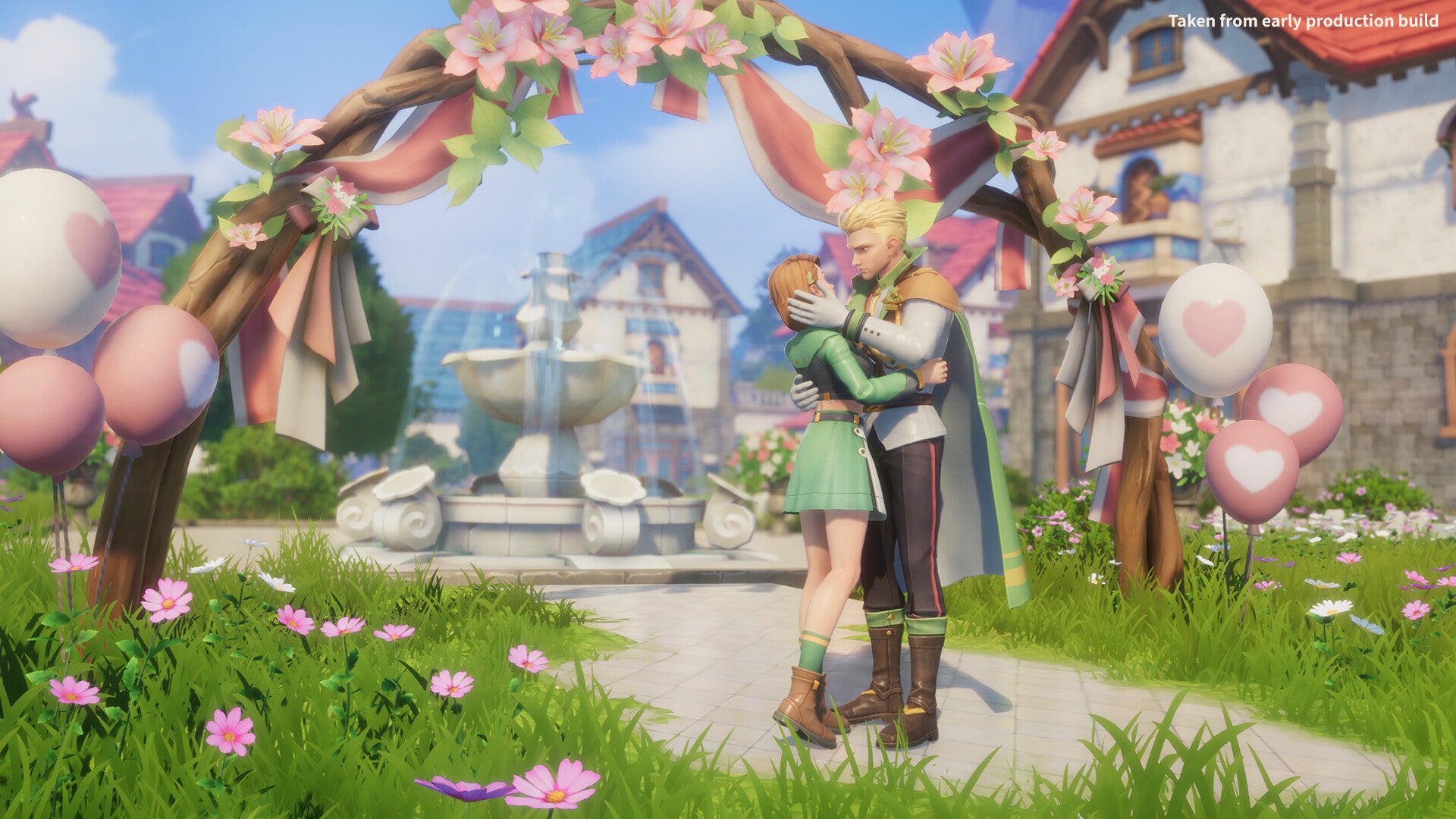 A couple embrace beside a fountain as if about to kiss in My Time At Evershine. - 1