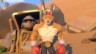 My Time at Sandrock Fightin' Round the World: A muscular kangaroo wearing a bandana and boxing gloves is staring at the camera