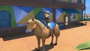 My Time at Sandrock horses: An animated man is sitting on a large yellow horse outside a brightly painted house