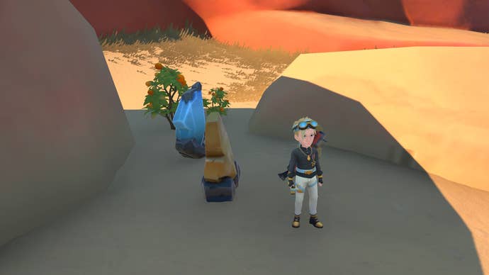 My Time at Sandrock Limestone: An animated young man is standing in a shaded area near two orange limestone deposits