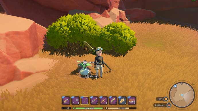 My Time at Sandrock Rutabaga location: An animated man with blonde hair is standing in front of a giant rutabaga in the desert