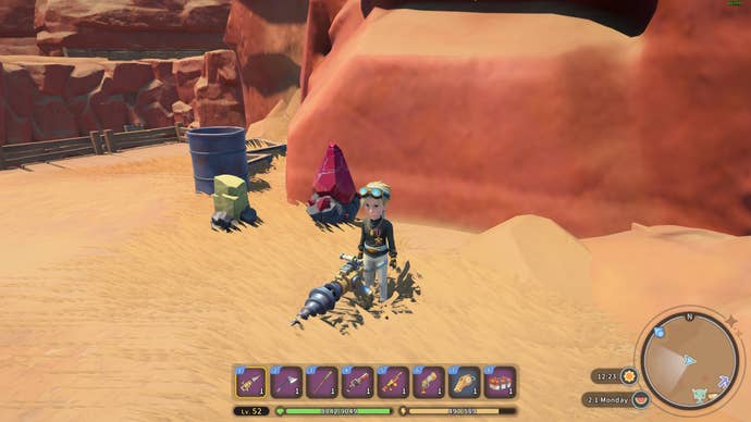 My Time at Sandrock Spinel locations: An animated man is standing near a large, pointed red rock