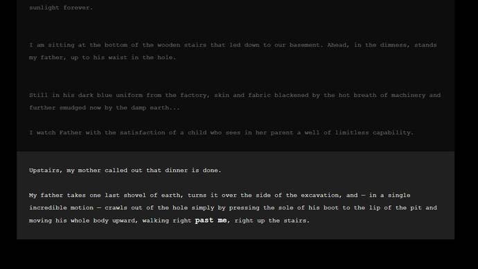 A screenshot from My Father’s Long, Long legs - white text on a black background - describing the father in question leaping out of a deep hole in the floor with one bound