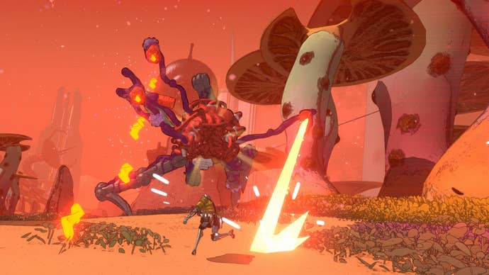 A Mycopunk screenshot showing a bipedal robot player character facing off against a towering, multi-limbed alien surrounded huge fungus on an strange planet.