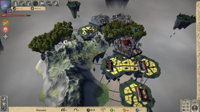 Some islands - one a mountain and others forming farmlands and a small town - chained together in Myriads: Renaissance