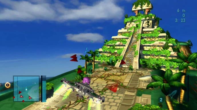 A midair dogfight against the backdrop of a stepped pyramid and a cloudy blue sky in MySims Sky Heroes.
