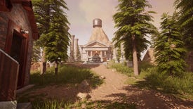 Myst remake 2021 - A sunny, wooded pathway leading to a marble temple with a circular pedestal in front.