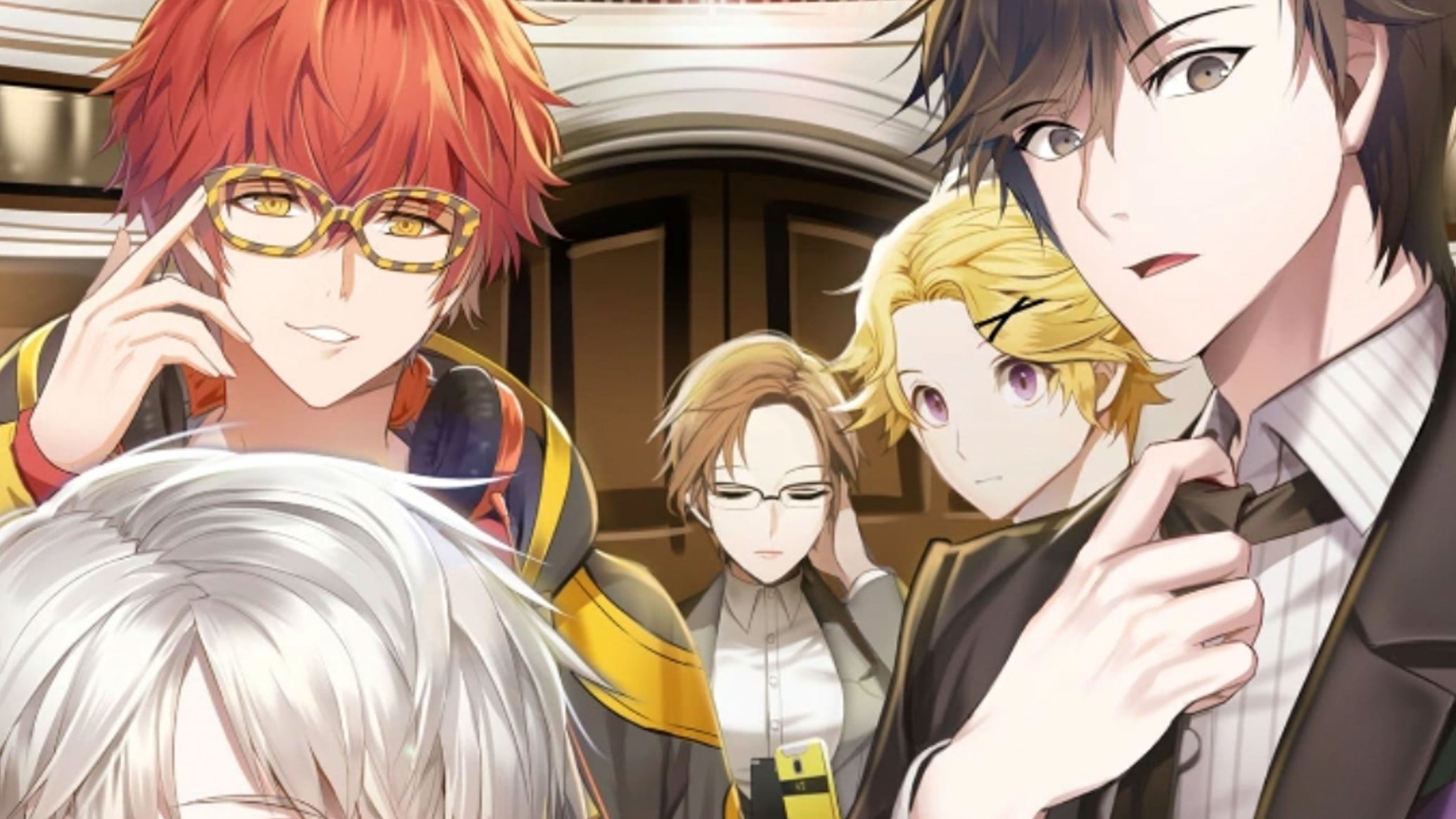 Mystic Messenger artwork showing the game's main characters all huddled together for a photo. - 1