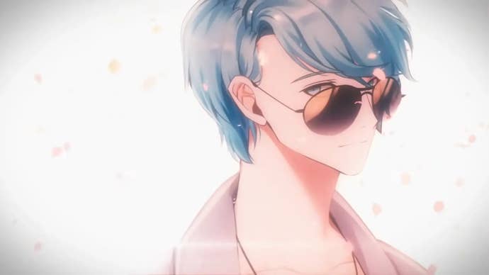 Mystic Messenger’s V regards the viewer over the top of his sunglasses.