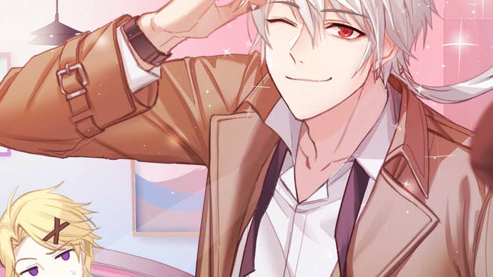 Zen from Mystic Messenger winks at the camera whole Yoosung looks on in frustration, in a cropped-down version of the game’s loading splash art.