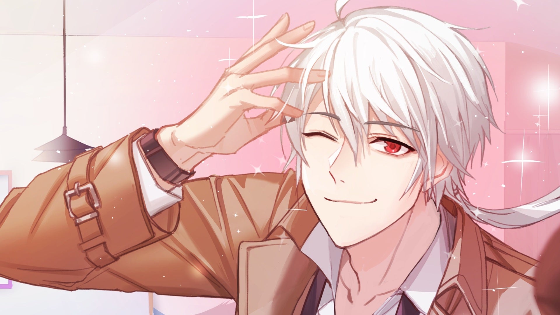 Zen admires himself against a sparkly pink background in Mystic Messenger. - 4