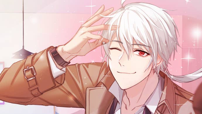 Zen admires himself against a sparkly pink background in Mystic Messenger.