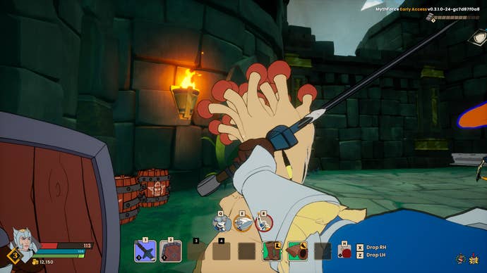 MythForce preview - the player thwacks a beige, mushroom-like enemy with a sword in close quarters, shield equipped in their spare hand.