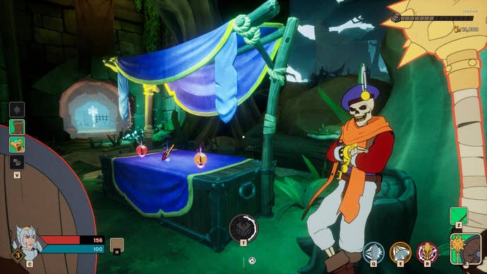 A skeleton merchant leans against a log in Mythforce