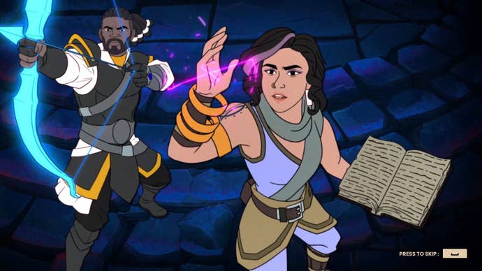 A man readies a bow while a woman casts a spell from a book in Mythforce