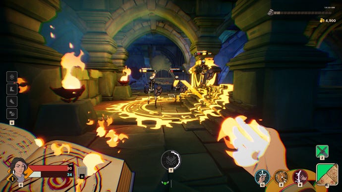 The player fires a fire spell inside a tomb in Mythforce