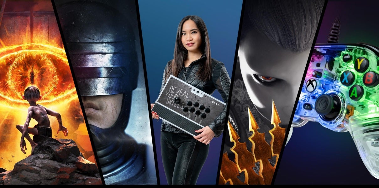 A collage of Nacon products including The Lord of the Rings: Gollum, Robocop Rogue City, a woman holding an arcade stick, and a lit-up translucent game pad