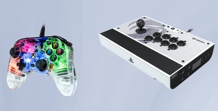 A translucent Nacon Xbox gamepad with LED lighting inside, next to a Nacon PlayStation fighting stick