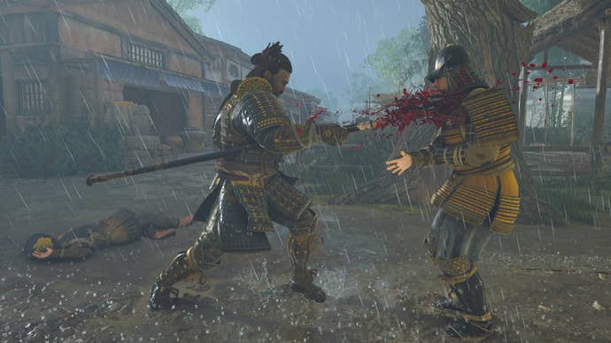 Yasuke eviscerates an enemy through the neck with his naginata in Assassin’s Creed Shadows.