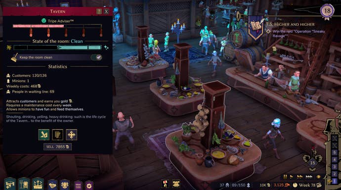 A tavern in Naheulbeuk’s Dungeon Master, with a pop-up that states it’s “clean”.