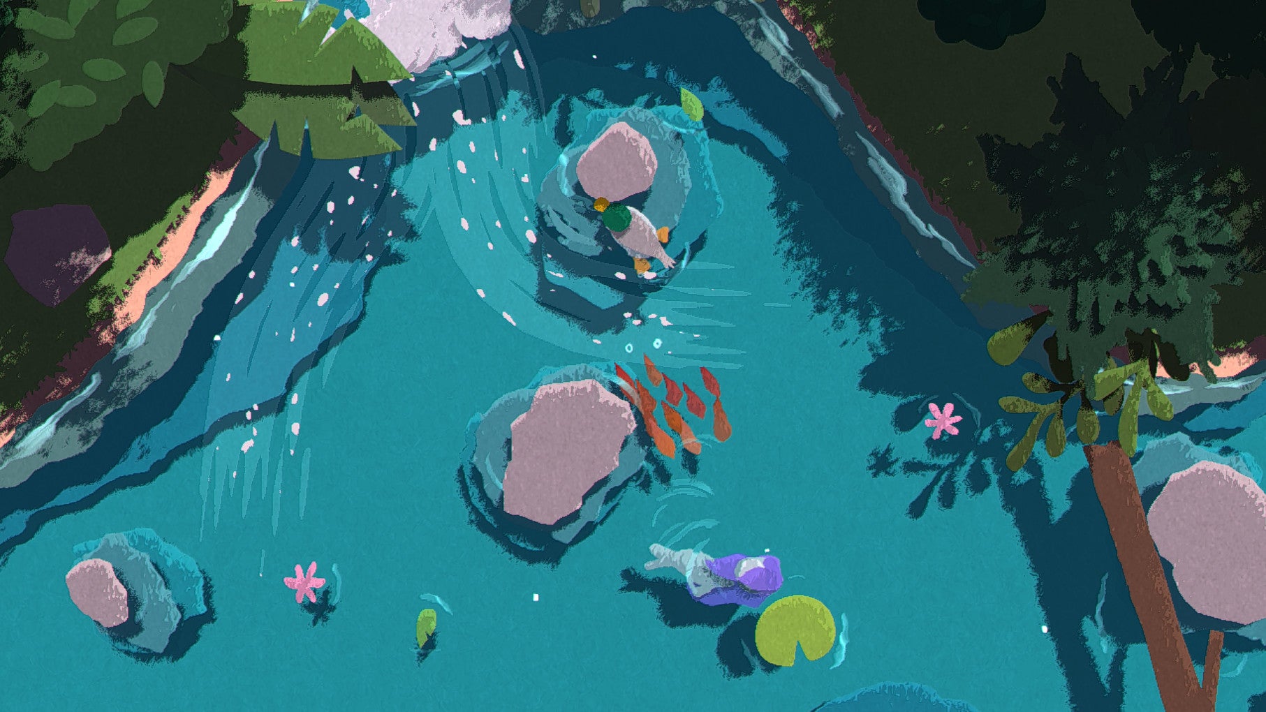 Fish, ducks, and a water spirit in a screenshot of Naiad's Steam Next Fest demo. - 21